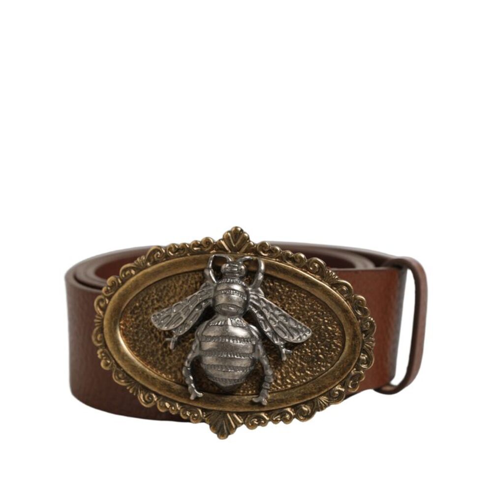 Dolce & Gabbana Brown Leather Bee Accent Metal Buckle Men's Belt